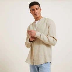 Cheap Regular effen hemd in linnen met mao-kraag Overhemd