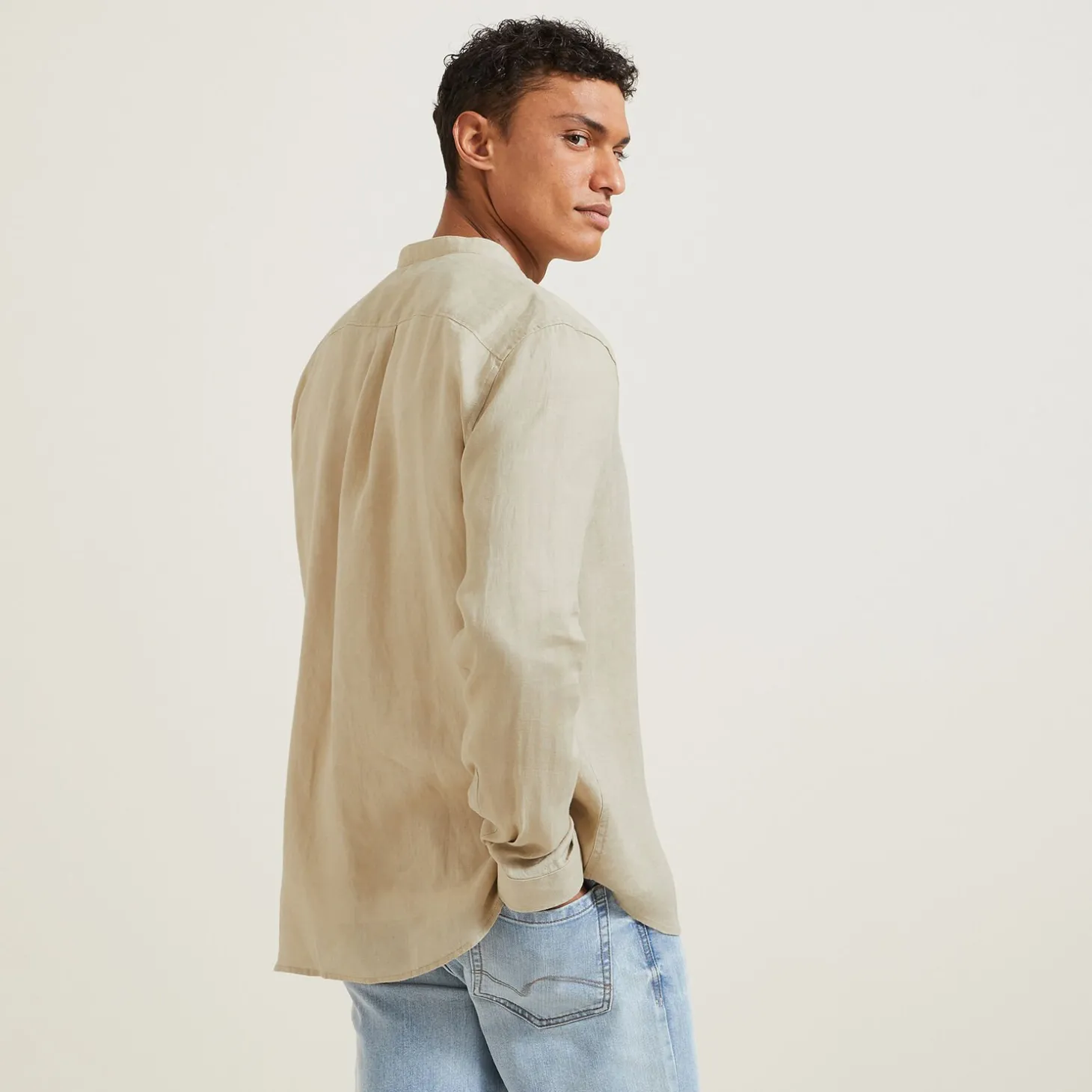 Cheap Regular effen hemd in linnen met mao-kraag Overhemd