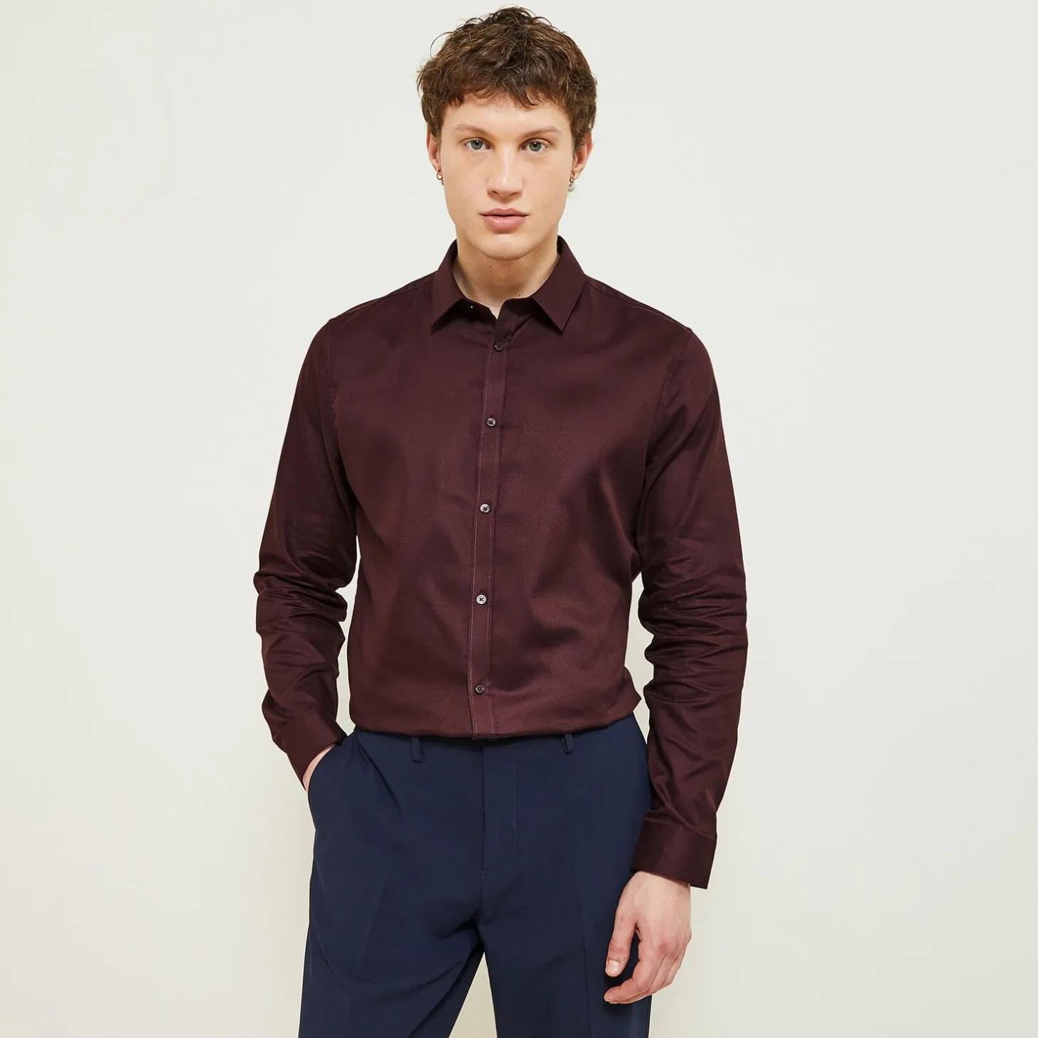 Sale Slim effen hemd 'stay white/black' in katoen Formele Overhemden|Overhemd