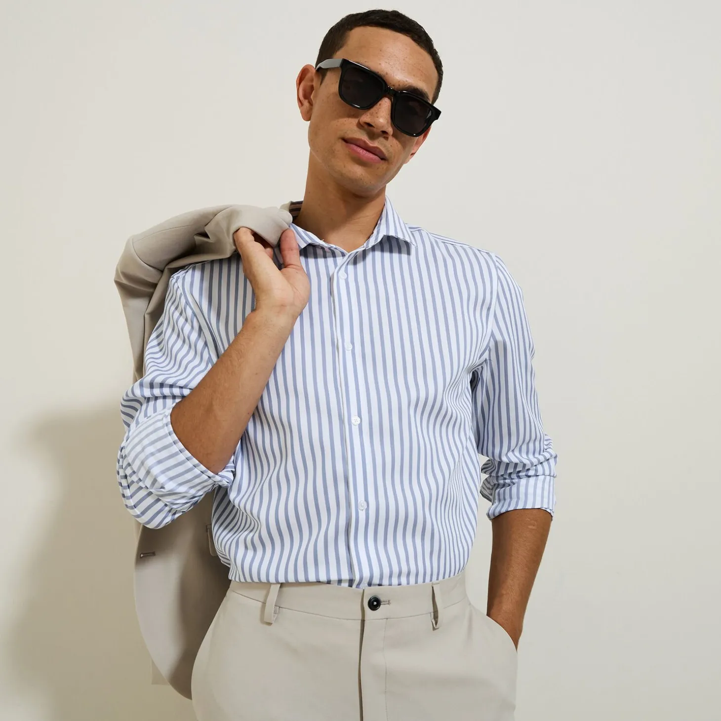 Outlet Slim fit gestreept katoenen overhemd, strijkvrij Makkelijk Te Strijken Hemd|Formele Overhemden