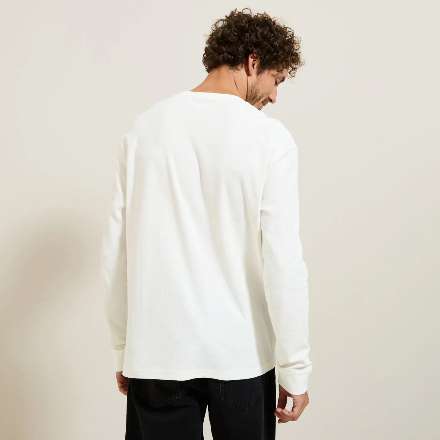 New T-shirt met Tunesische kraag in wafelstof T-shirt