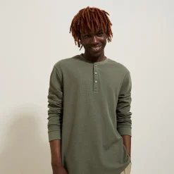 Outlet T-shirt met Tunesische kraag in wafelstof T-shirt