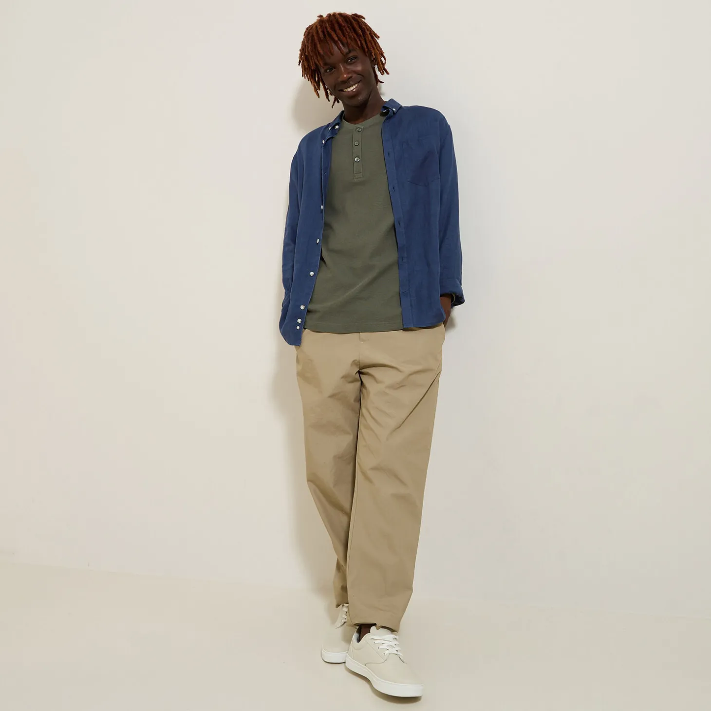 Outlet T-shirt met Tunesische kraag in wafelstof T-shirt