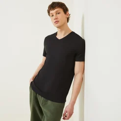 Online T-shirt met V-hals in katoen en elastaan T-shirt